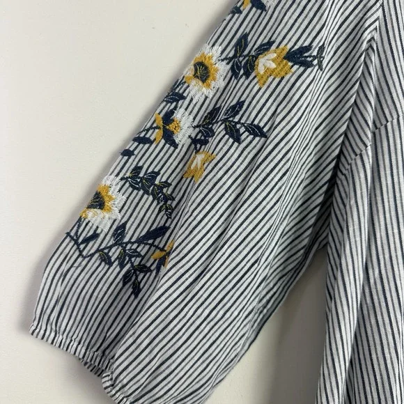 J Jill Top Womens Striped V Neck Floral Embroidered Top Size L Puff Sleeve Boho - Picture 4 of 10